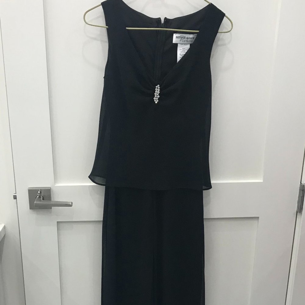 Betsy and Adam Black Jumpsuit with Crystal Brooch
